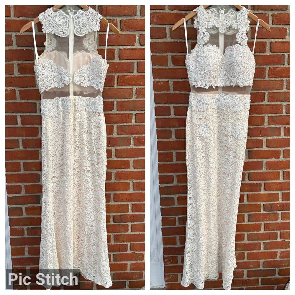 Avery G Blush Lace Beaded Sheer Prom Dress